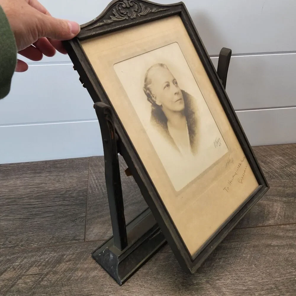 Antique Art Deco Wood Tabletop Swivel Swing Tilt Picture Frame with Photo Signed